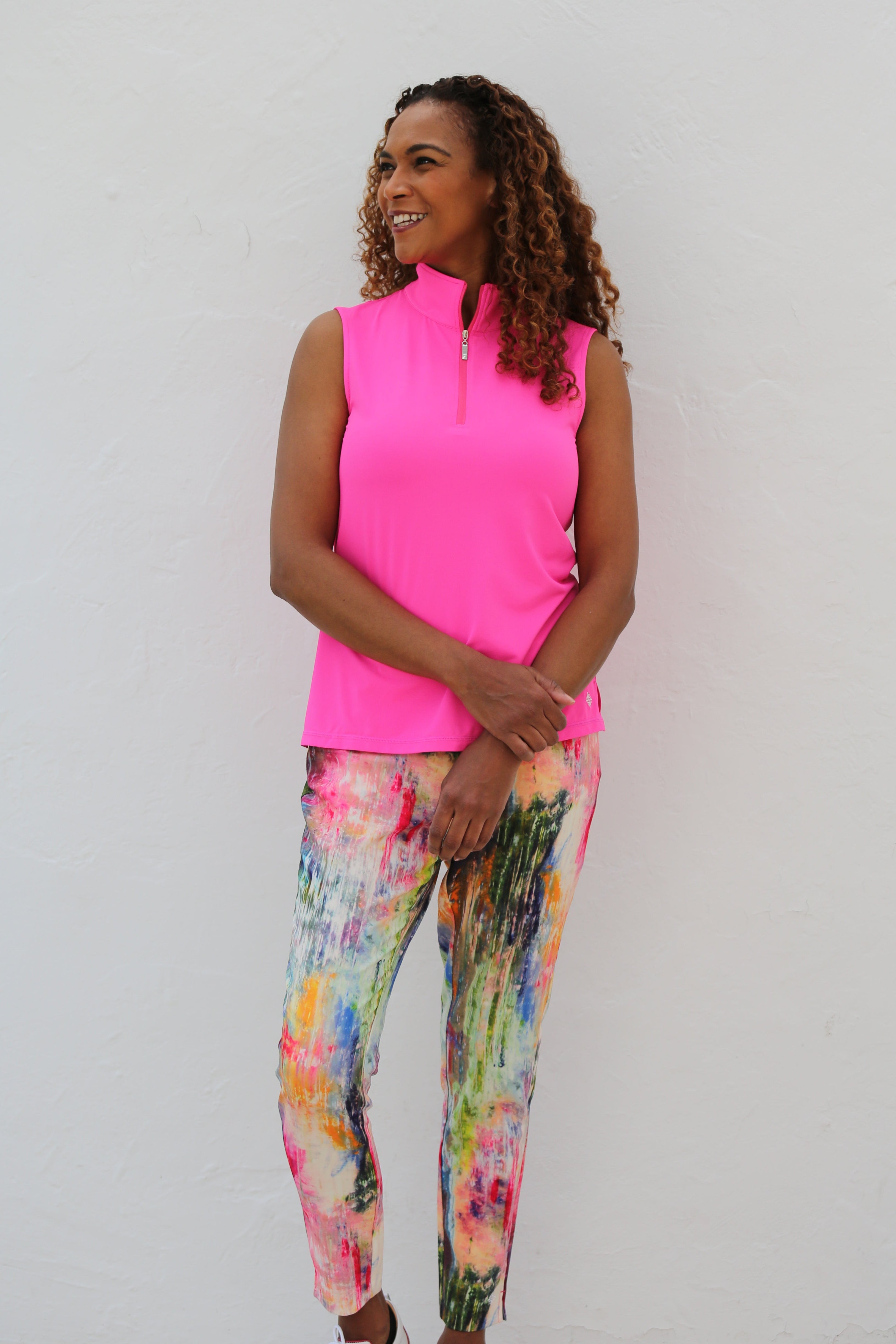 Hot Pink Sleeveless Mock Collar Polo T Shirt