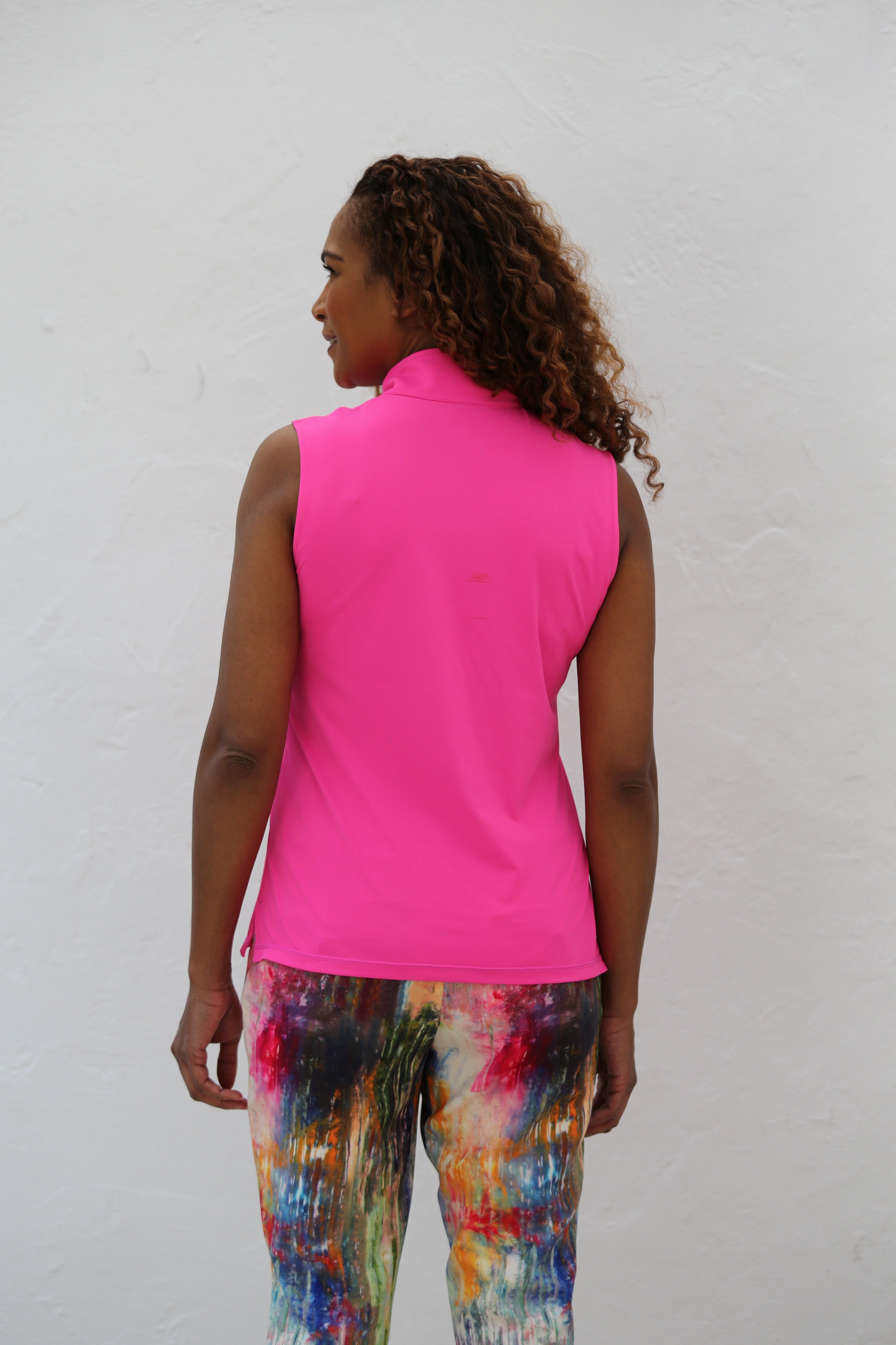 Hot Pink Sleeveless Mock Collar Polo T Shirt